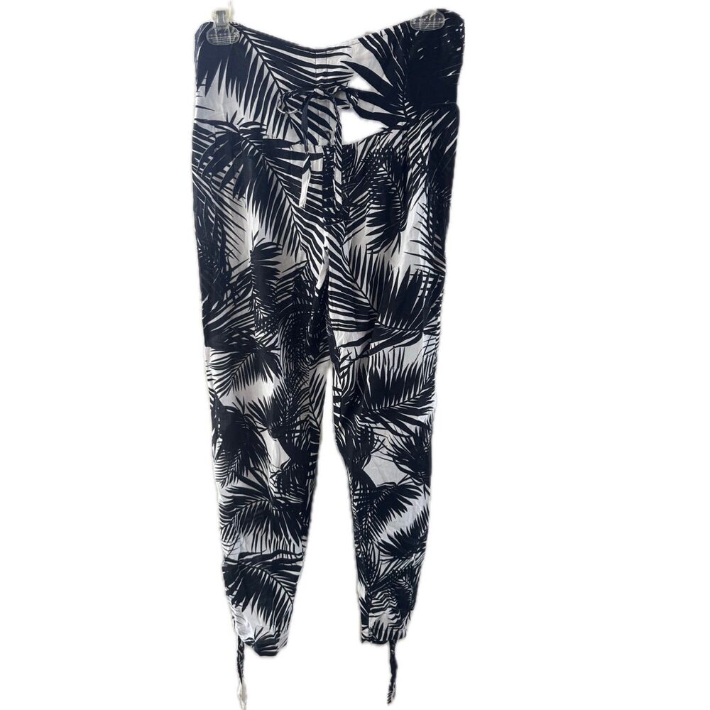 Battik Hawaiian Tropical Palm Leaves Smocked Back Ankle Drawstring Pants S/M